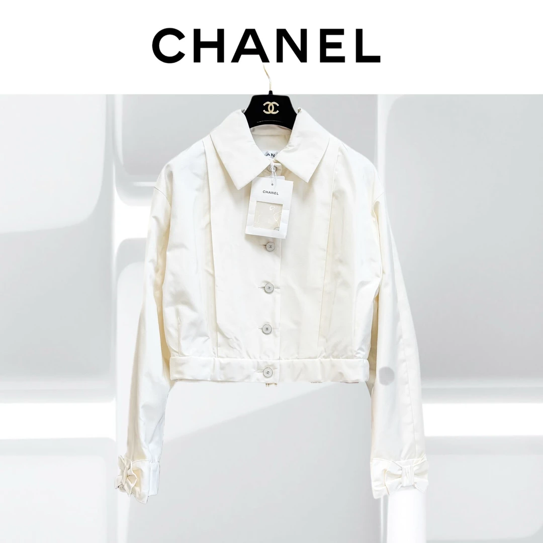 99新 Chanel/香奈儿 36码24B白色丝绸蝴蝶结短款棉服外套