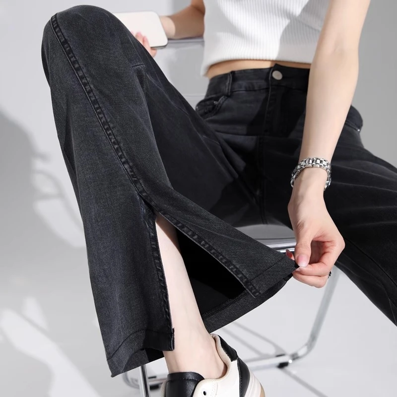 开叉天丝微喇牛仔裤女夏薄款2025新款高腰显瘦冰丝垂感小个子喇叭