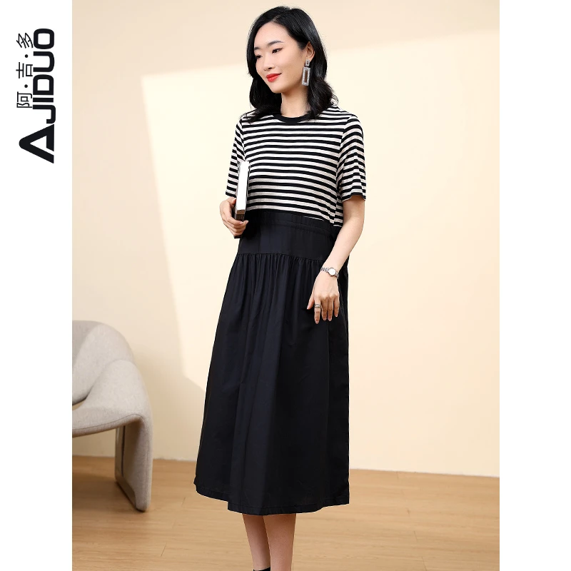 阿吉多假两件连衣裙女夏季2025新款短袖长裙时尚韩版气质高级裙子