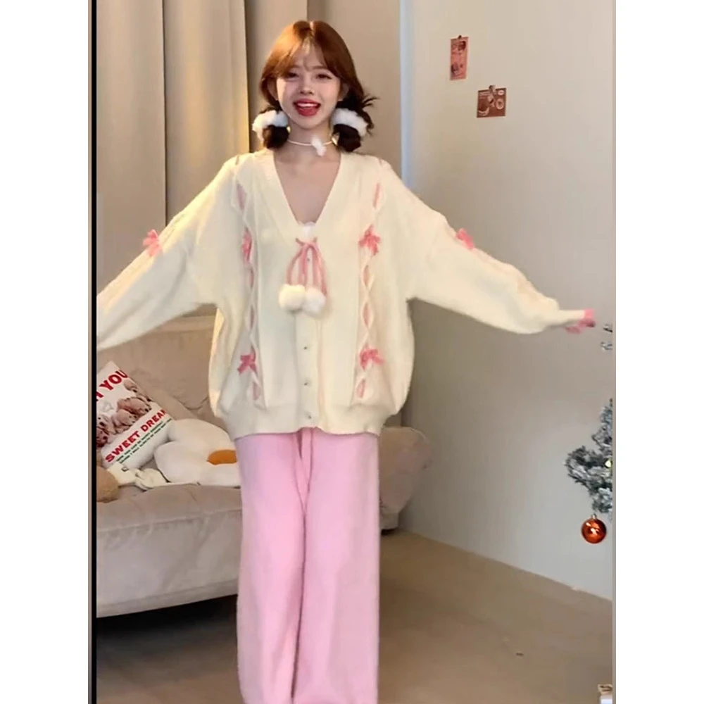 秋季新款韩版多巴胺减龄甜妹针织衫立体蝴蝶结小众设计感百搭开衫