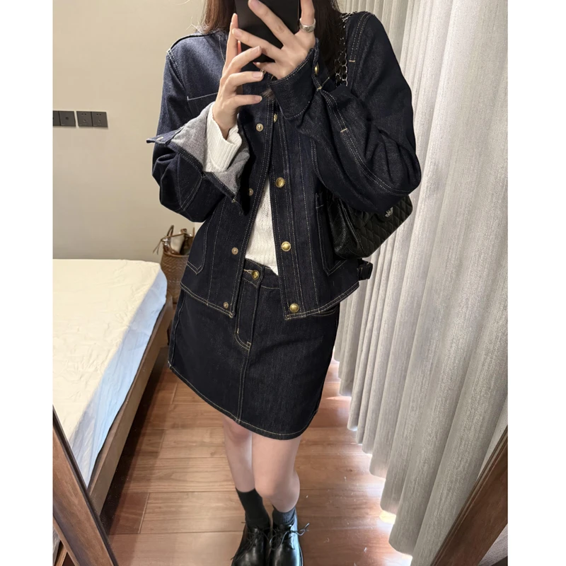 港风复古蓝色牛仔外套两件套女春秋新款设计感高腰显瘦半身裙套装