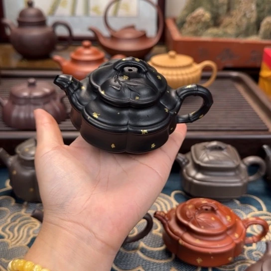 风***画茶壶紫砂六方海棠竹鼓焐灰洒金