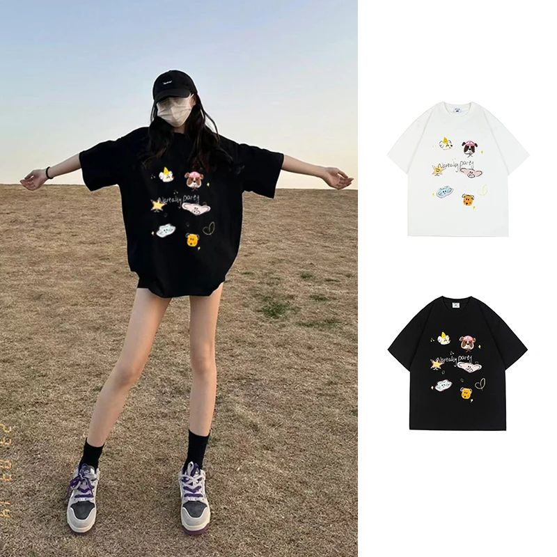 【现货-手绘动物】2025新款卡通趣味短袖T恤女夏季美式复古chic上衣