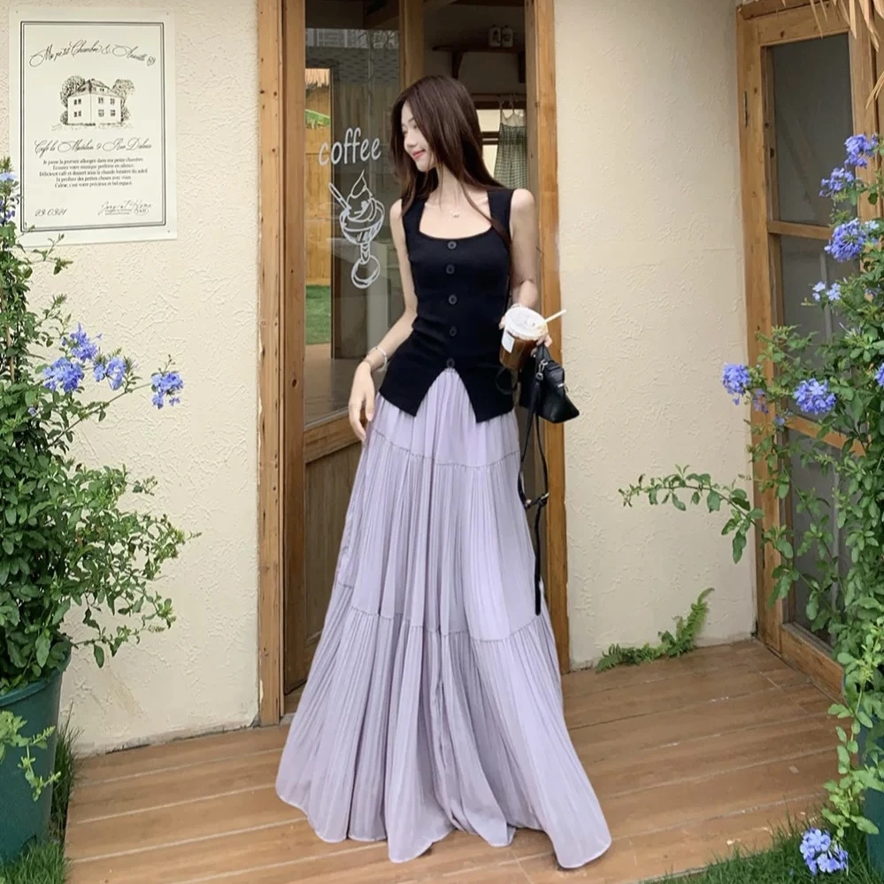 方领正肩宽肩带遮副乳收腰显瘦冰丝针织背心女2025夏韩系排扣吊带