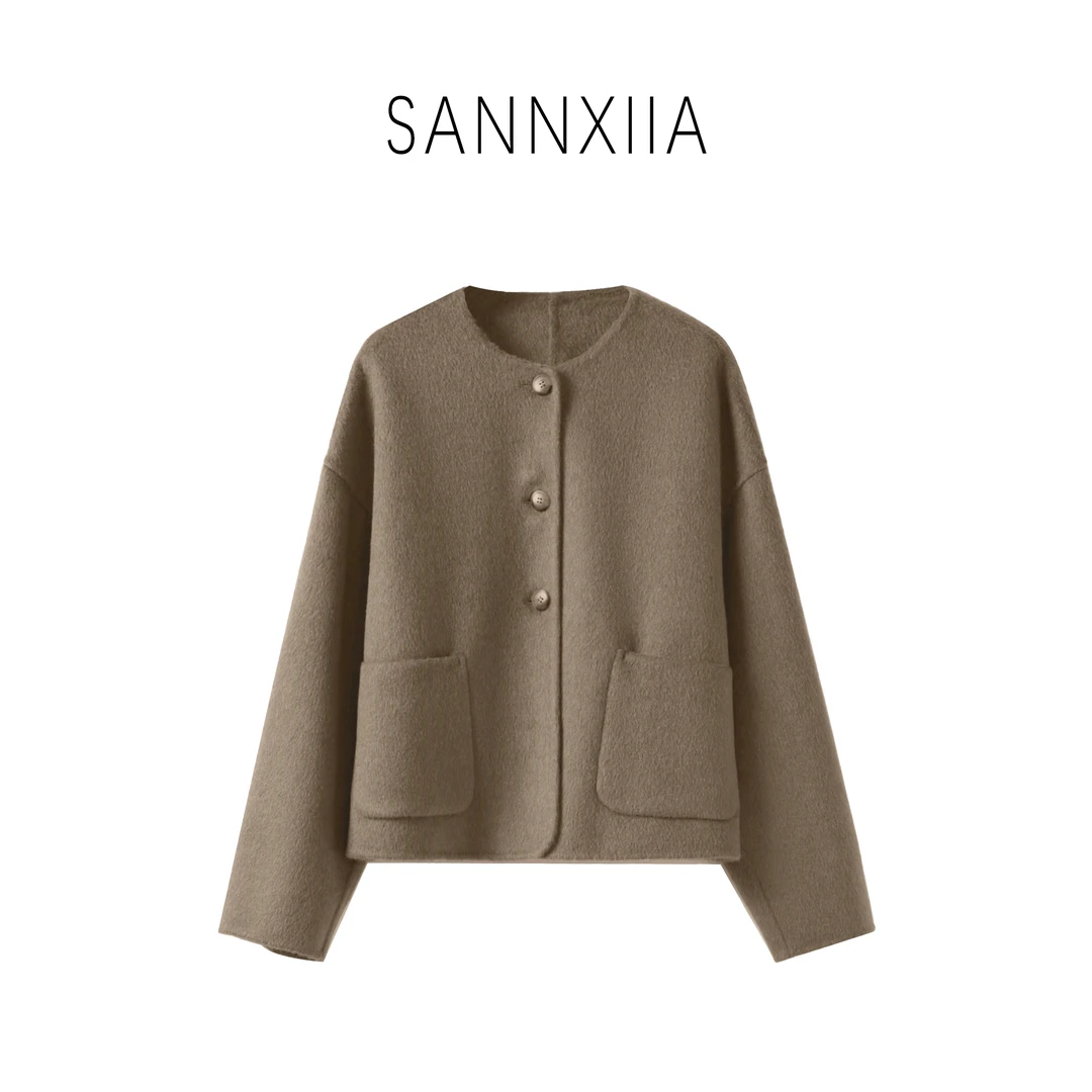 SANNXIIA简约圆领驼绒短款毛呢外套法式轻奢风  8622