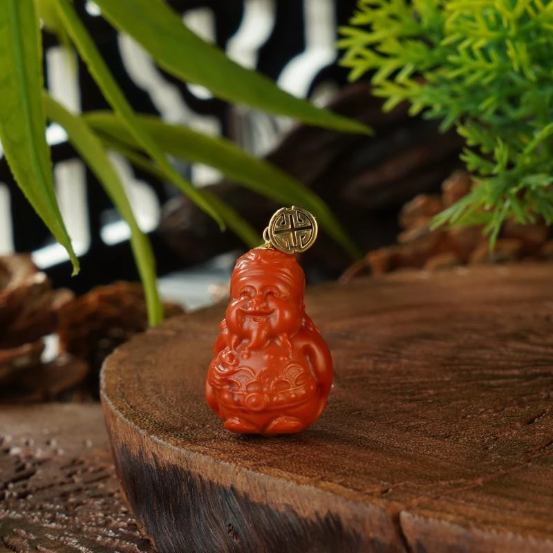 【香掌柜】18k金保山南红大财神吊坠（发一件）