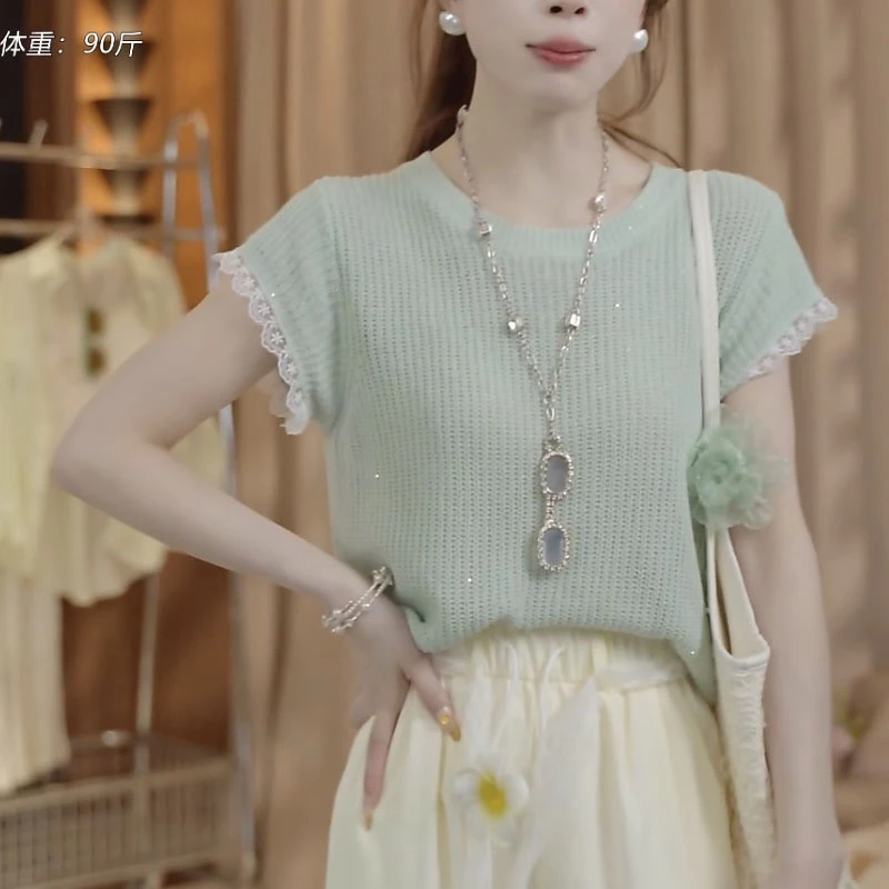 贵气千金风亮片袖口针织衫T恤女2025夏新今年流行小清新上衣潮