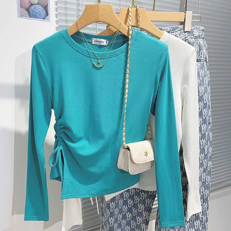 设计感抽绳打底衫女春季新款修身圆领长袖T恤不规则短款内搭上衣