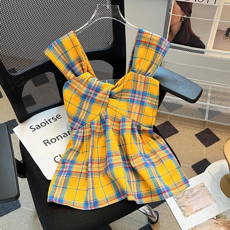 多巴胺背心吊带别致泰式小衫女2025夏季新款复古感格子无袖衬衫女