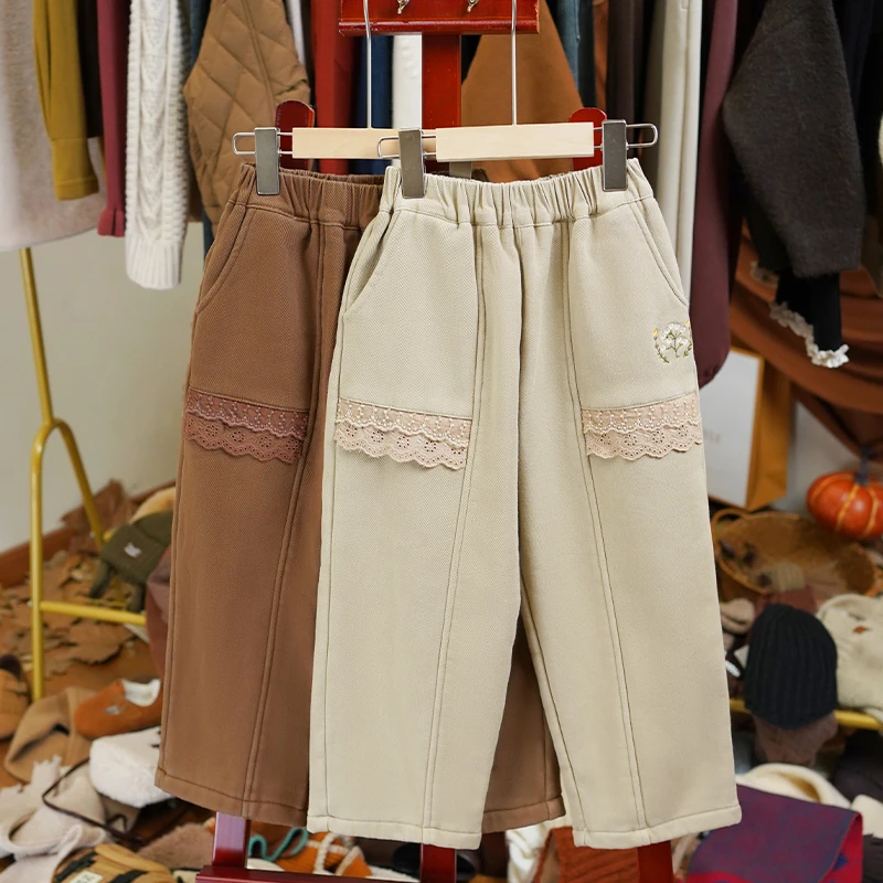 【清仓】韩系复古秋季女童纯色宽松花边拼接时尚休闲裤-LD059