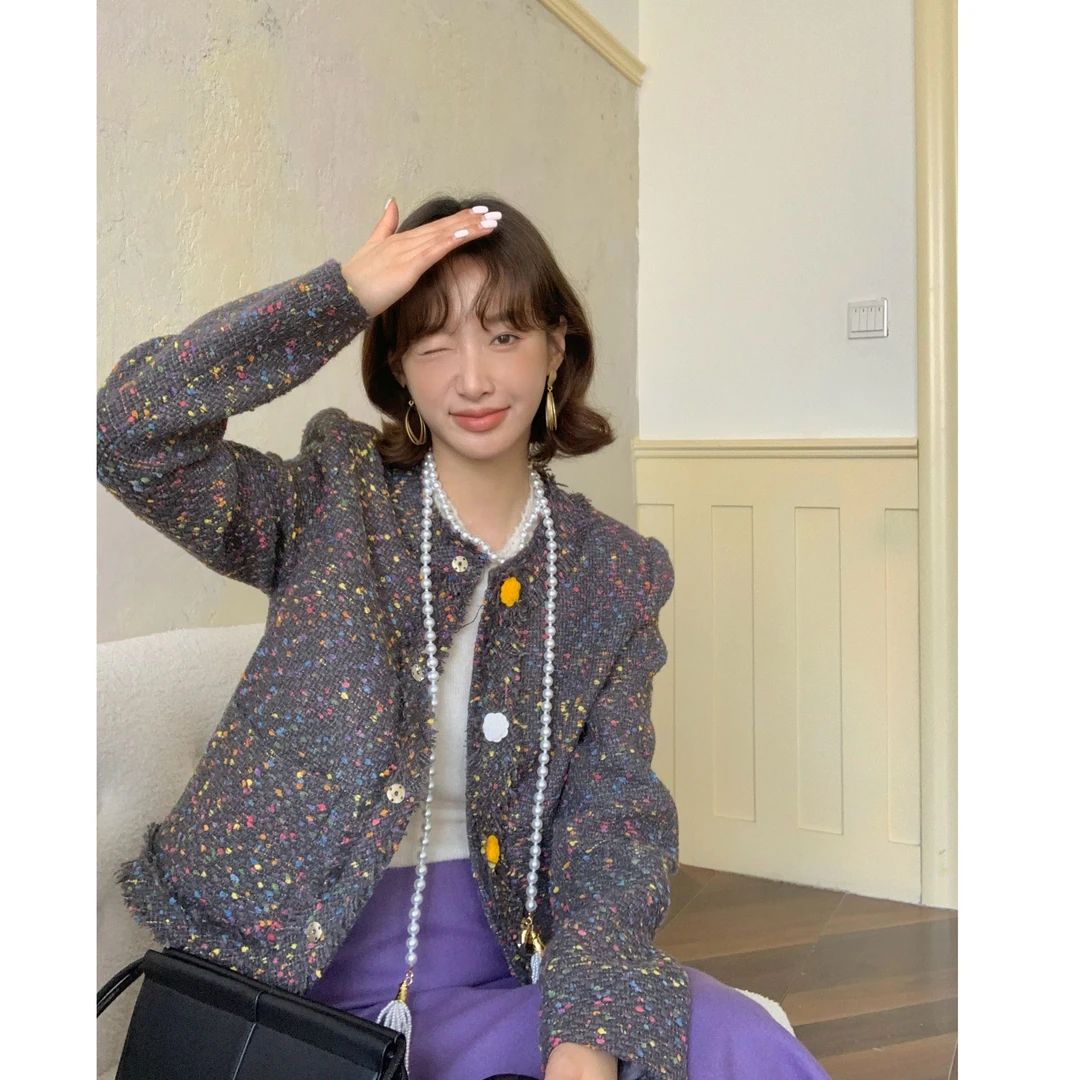 KIKI严选：24059-沐卡家欧洲站南油秋冬新款彩色粗花呢小香风外套