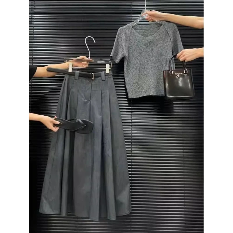 大码女装2025夏季新款茶系穿搭一整套针织上衣搭配半身裙两件套装
