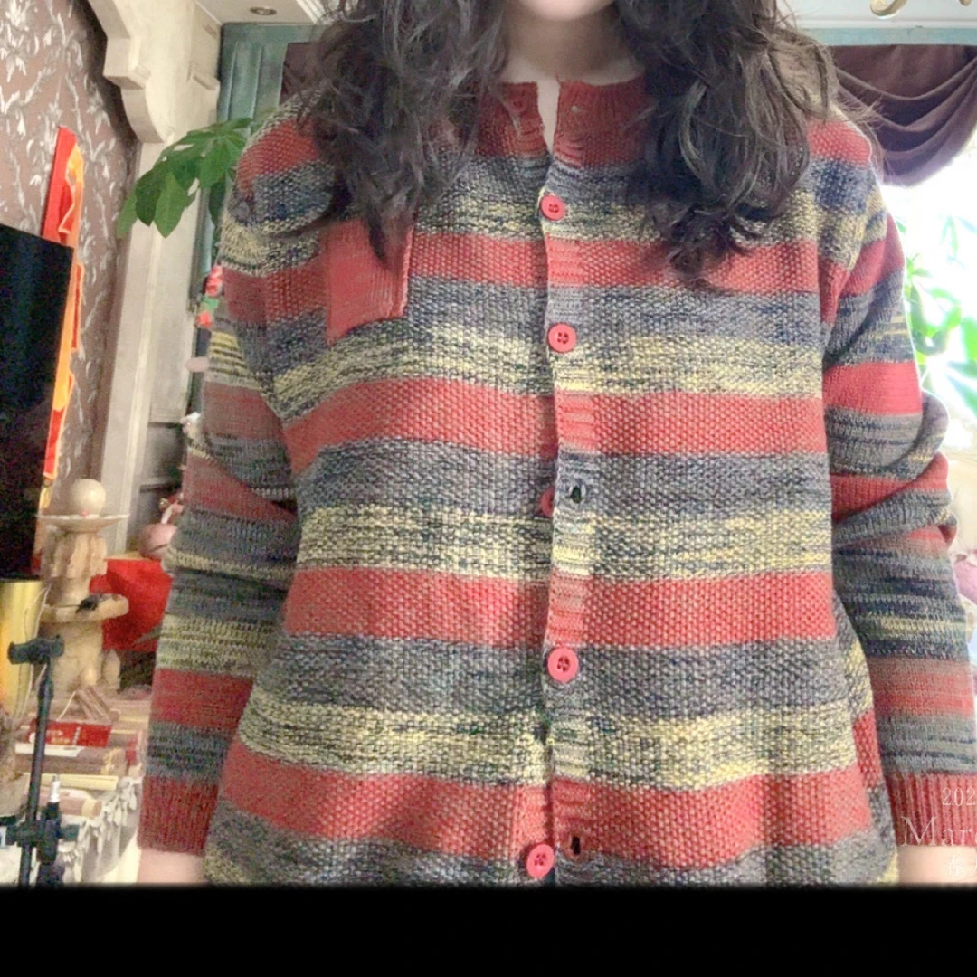不汐暮然88116，衣长60秋冬季拼接针织圆领开衫毛衣