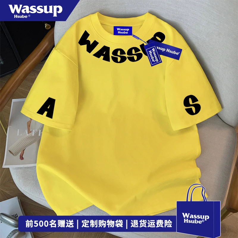 WASSUP HSUBE国潮简约字母印花应季T恤男女上衣ins纯棉夏黄色短袖