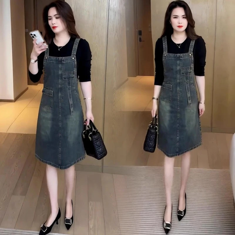 时尚洋气牛仔连衣裙女春秋新款宽松假两件背带裙减龄过膝中长裙子