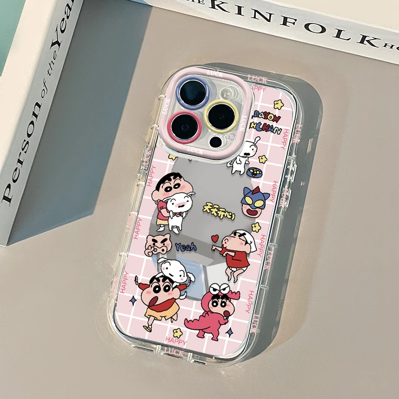 镜面泡芙蜡笔小新适用苹果16手机壳iphone15华为小米vivo14oppo13