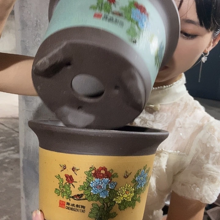 紫砂花盆18贴绘蓝黄 喇叭口 陈波