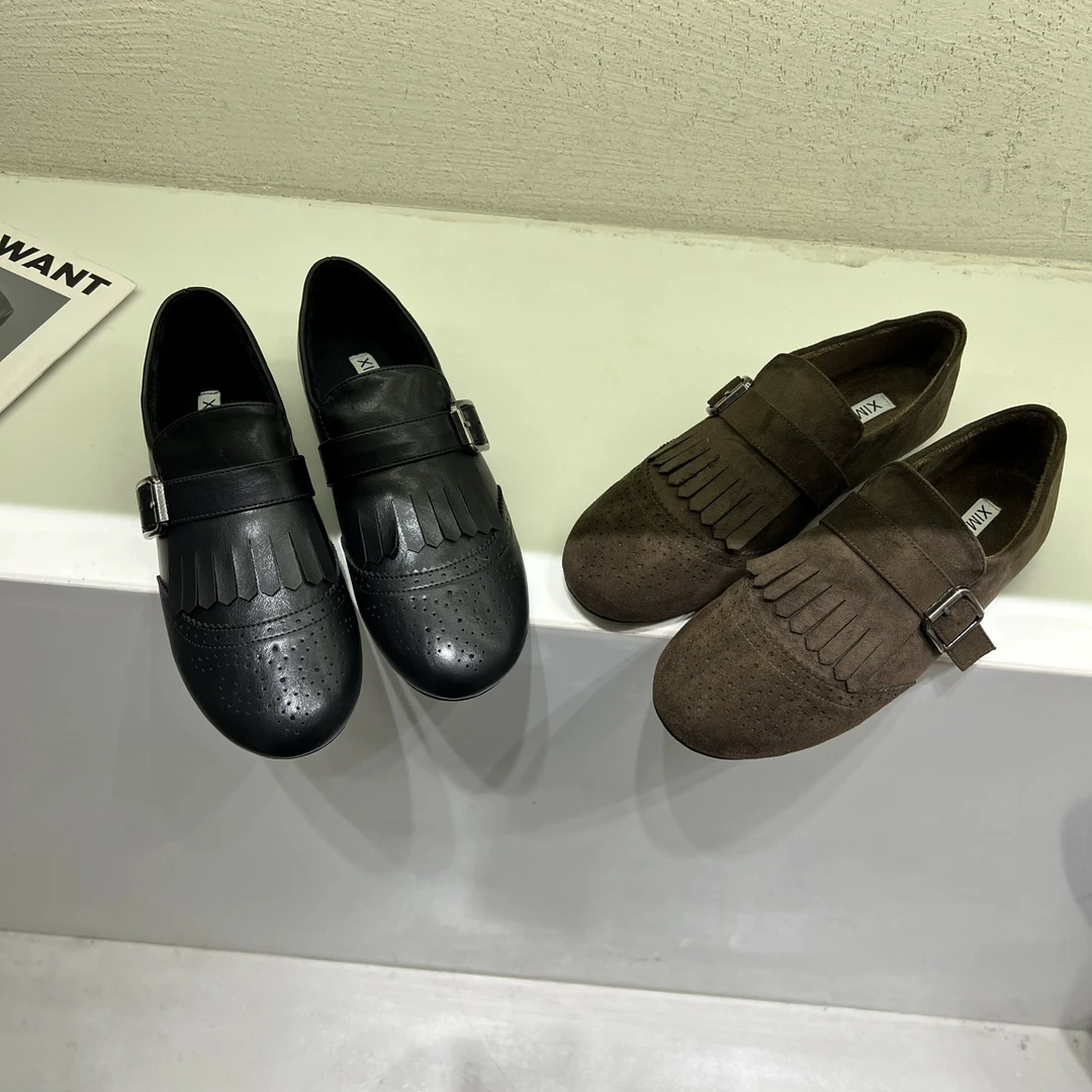 伦敦假日~复古雕花流苏加绒布洛克单鞋圆头棕色皮鞋平底鞋660-9/c