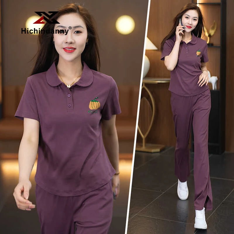 夏季洋气减龄休闲运动服套装女时尚polo领短袖跑步爬山休闲两件套