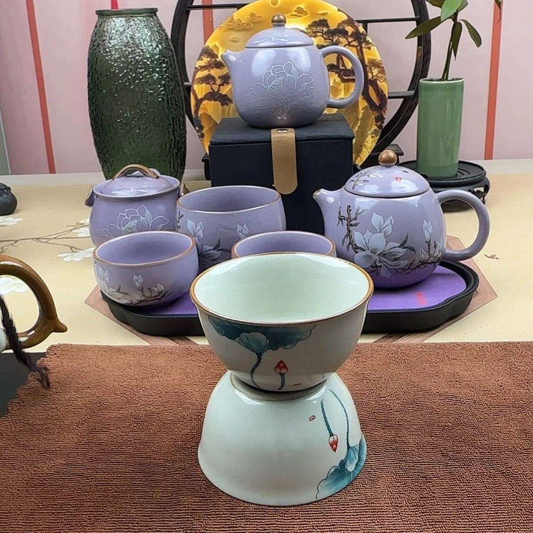 汝窑开片荷花品茗杯两只装