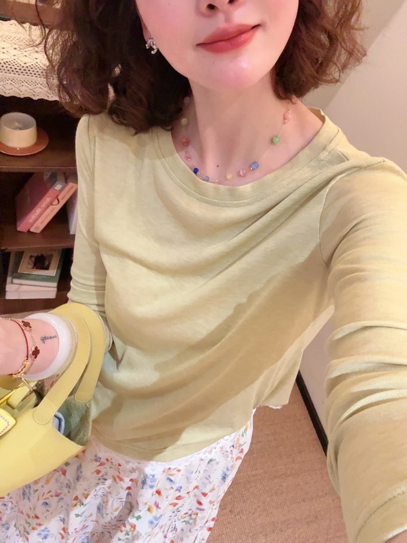 老赵服饰 蕾丝拼接圆领长袖T恤上衣 21AU3496