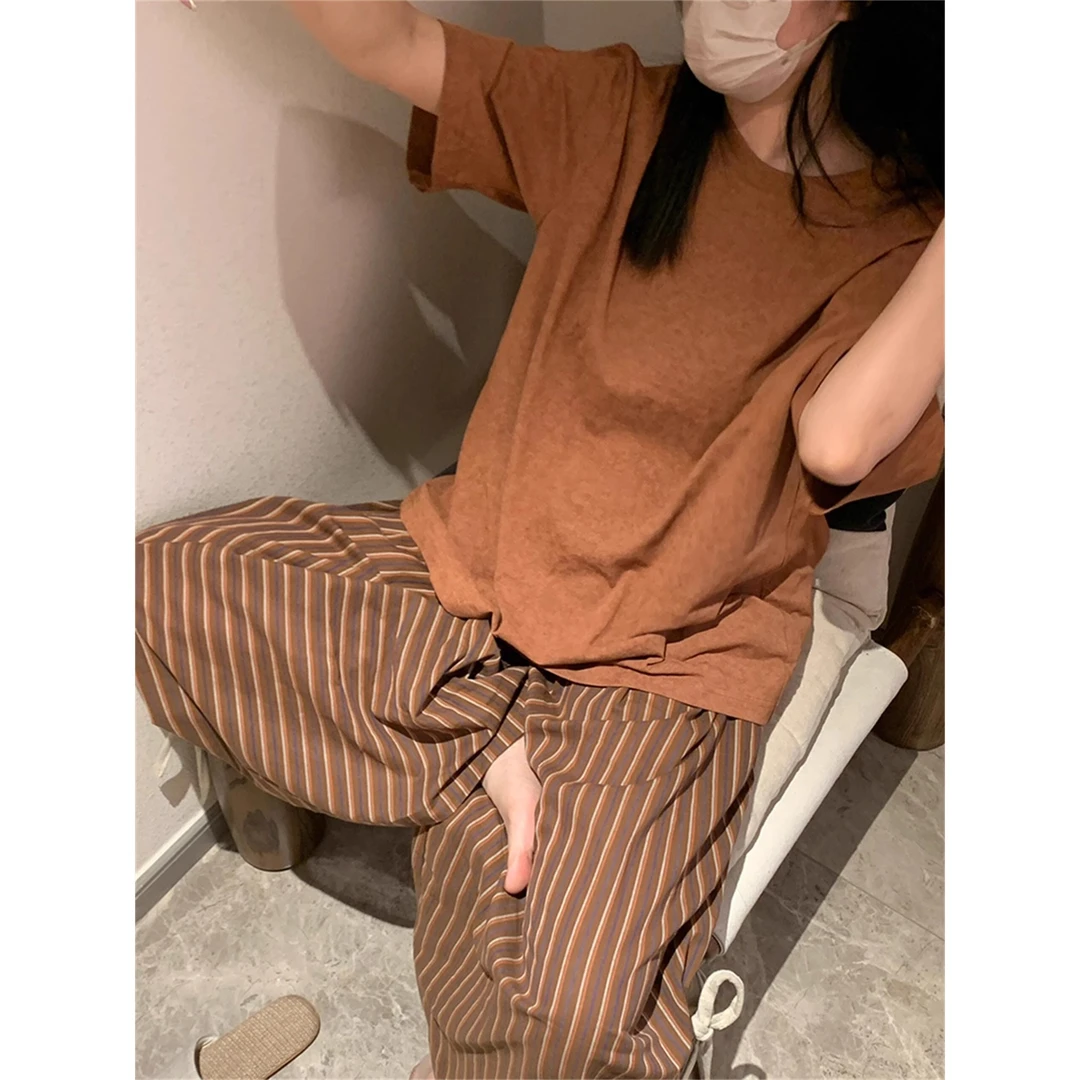 【复古条纹】简约慵懒风纯色短袖睡衣女夏季新款外穿长裤套装家居服