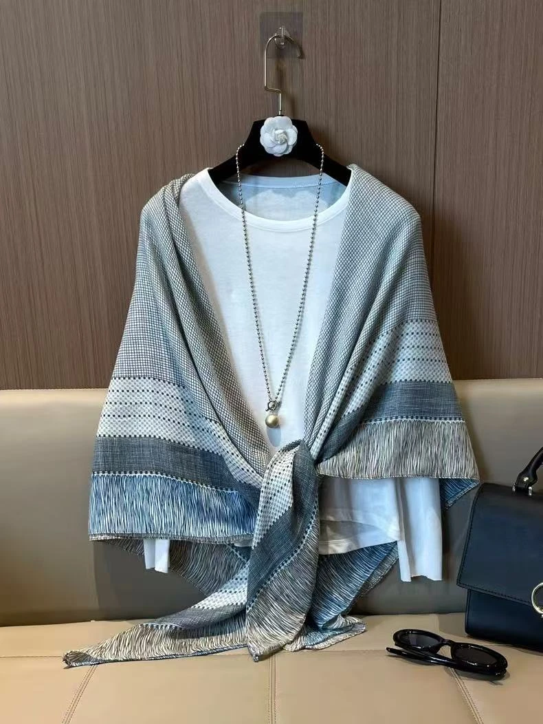 【蓝色格子】棉麻135大方巾轻薄防晒出游拍照高档空调房披肩