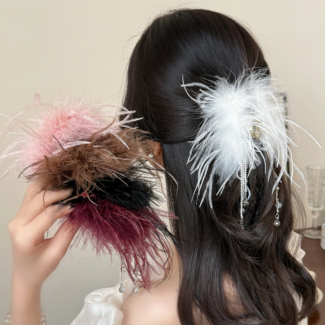 超仙羽毛夹ins风毛毛刘海夹7cm鸵鸟气质高级感新款夹子碎发夹