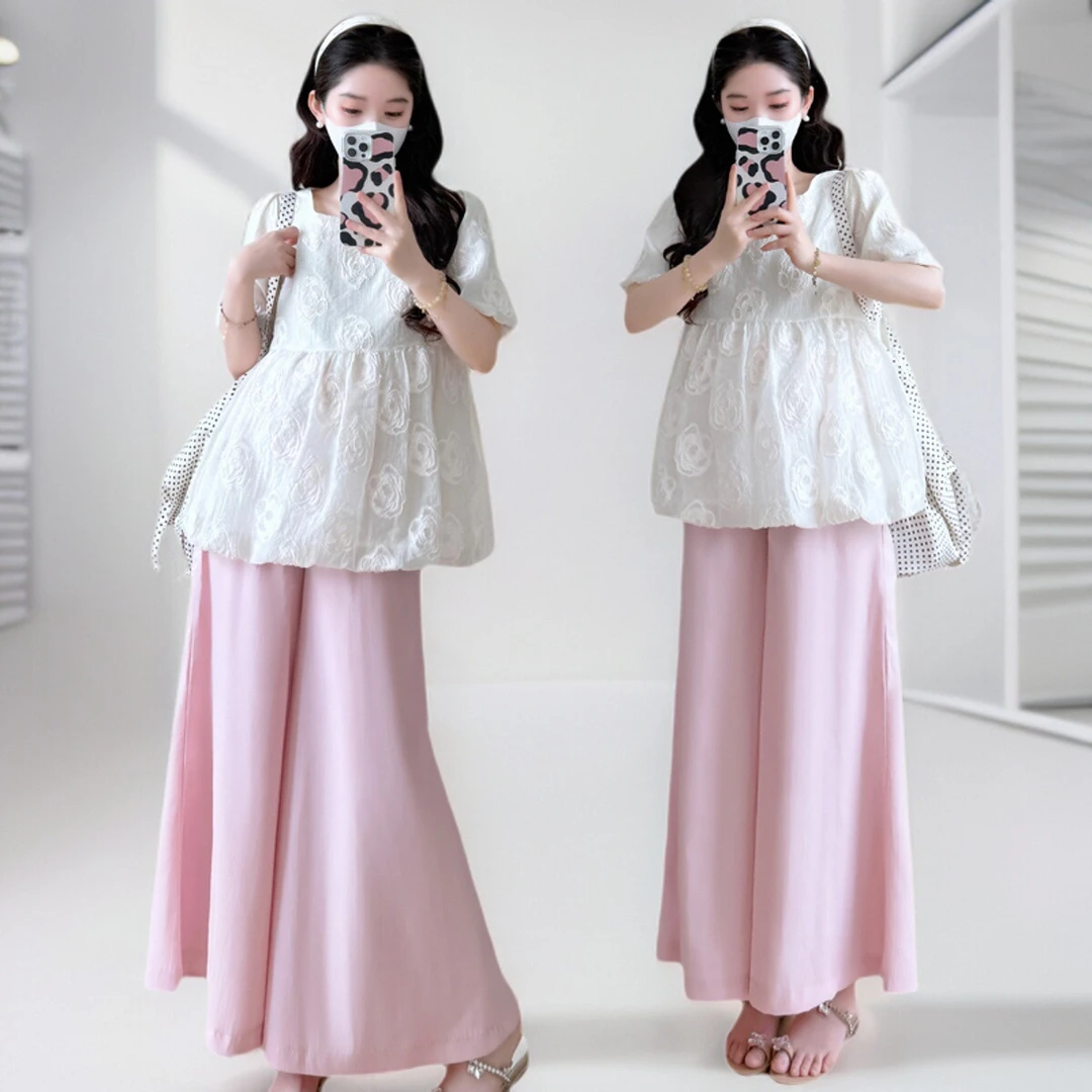 孕妇装2025夏季新款韩版方领气质短袖提花上衣粉色半身裙裤两件套