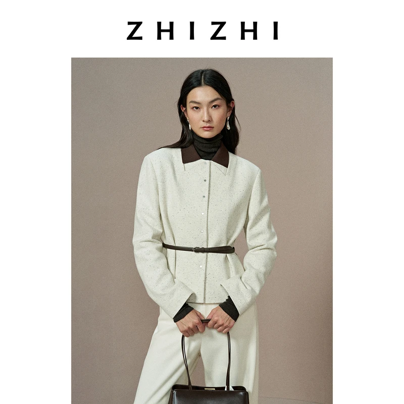 【橱窗】致知 玉交梭 肌理撞色领短外套优雅复古配腰带ZZ2EWWWZ024