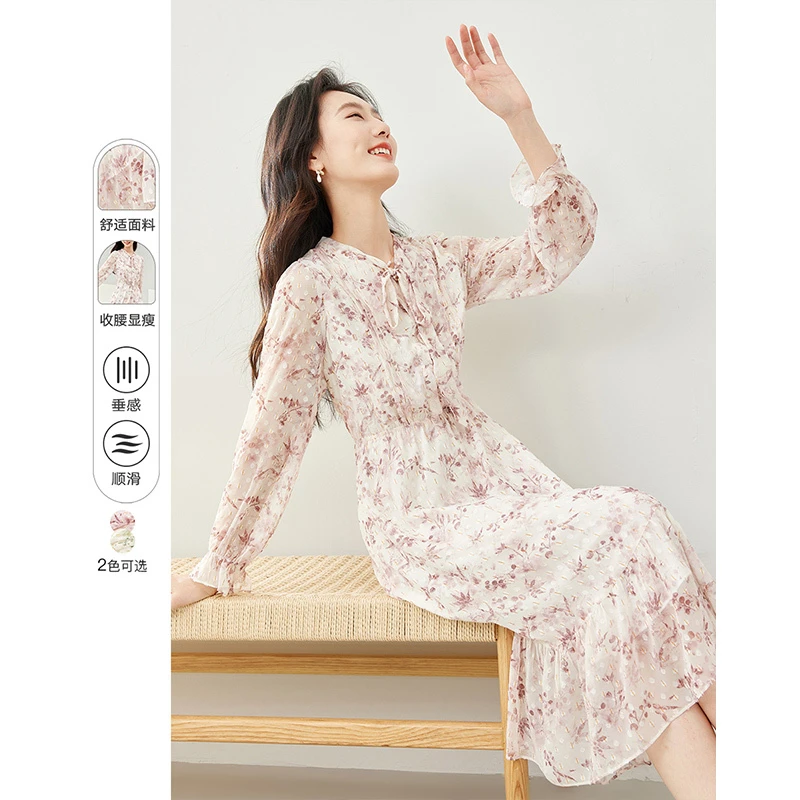 *梵希蔓优雅雪纺碎花连衣裙系带领大摆中长裙M6197