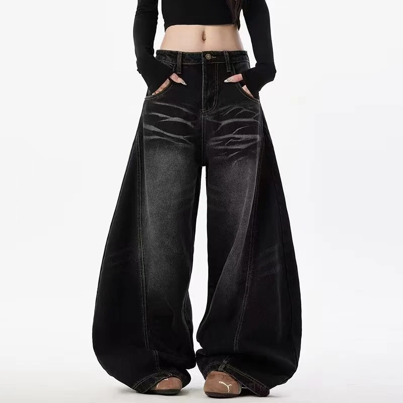 美式复古猫须水洗弯刀牛仔裤男女cleanfit宽松阔腿裤子