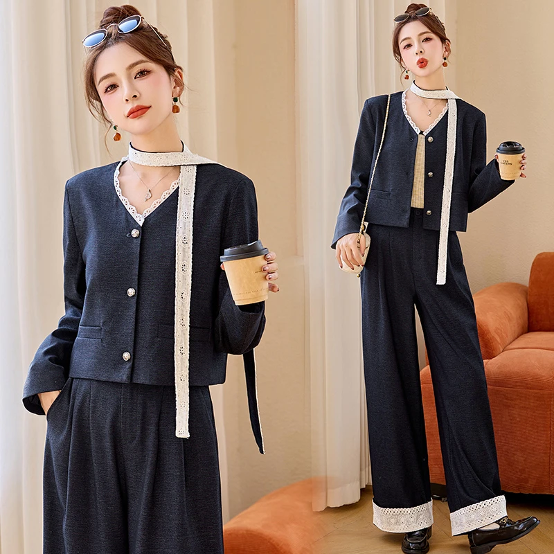 蕾丝拼接V领西装套装女2025春季新款韩风飘带高腰阔腿裤两件套潮