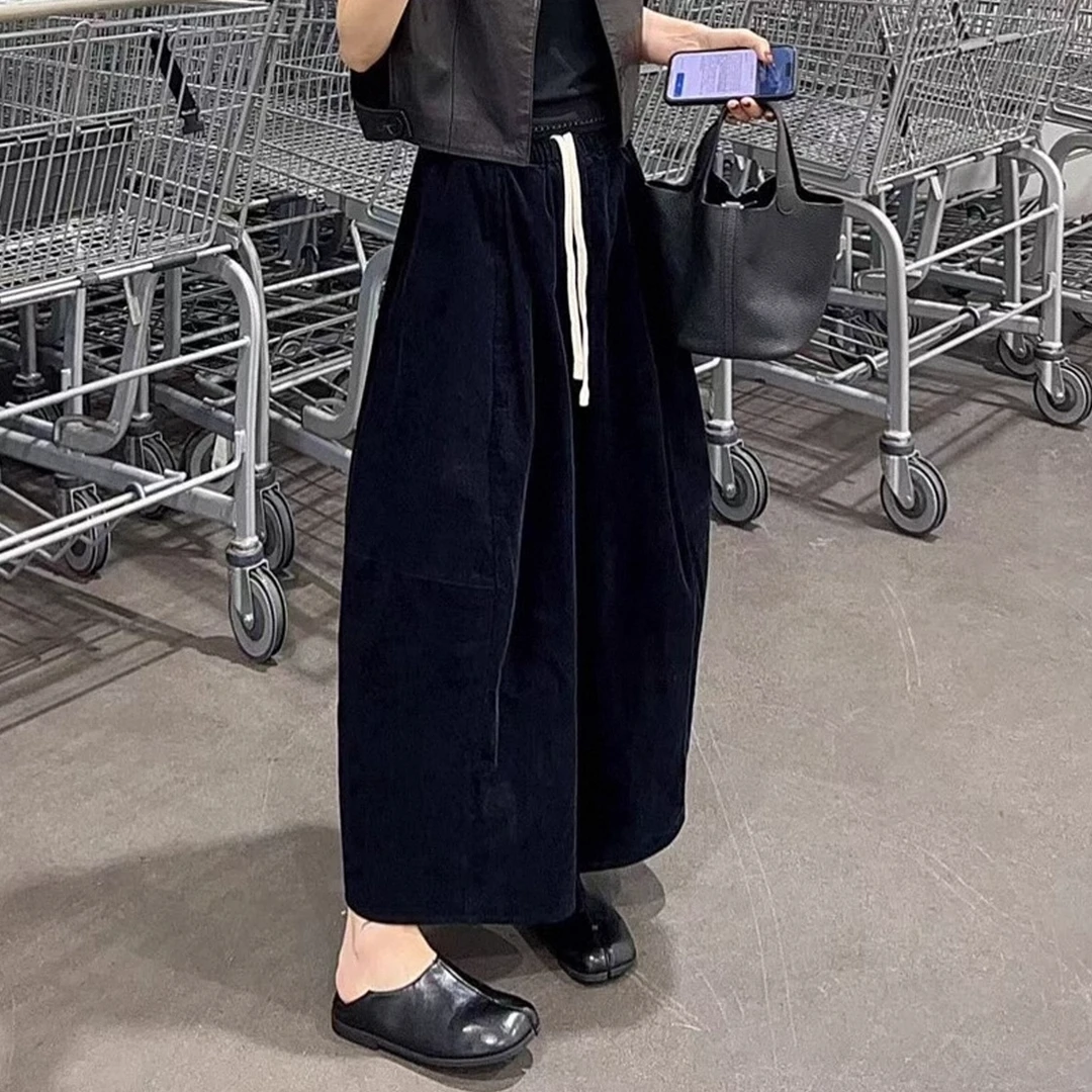 黑色灯芯绒阔腿裤女宽松秋冬加绒加厚大码高腰显瘦八分休闲气球裤