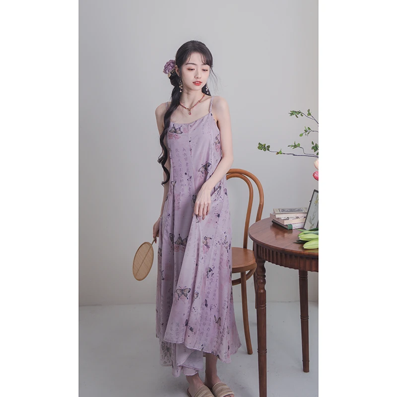 南风谷【幻蝶】中国风吊带浪漫飘逸书法印花新中式连衣裙女夏季