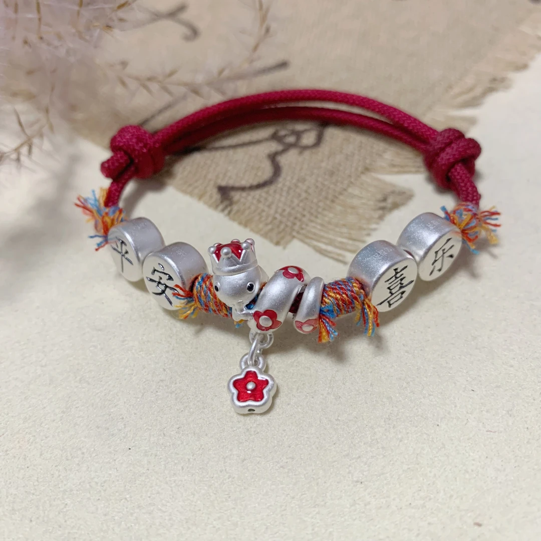 足银手链 【初浔银饰】卷卷蛇 灵蛇送福 复古 可调节 简约 平安红绳