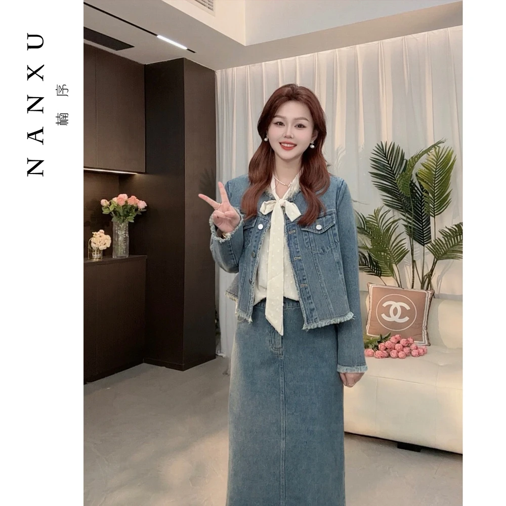 楠序微胖女装 女装秋季新款2025爆款胖mm显瘦牛仔半裙套装DD9160