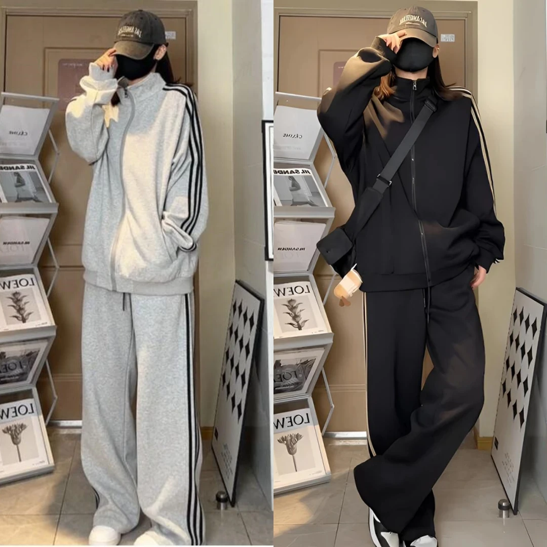 潮牌三条杠立领开衫卫衣休闲运动套装男女同款秋季宽松直筒运动裤