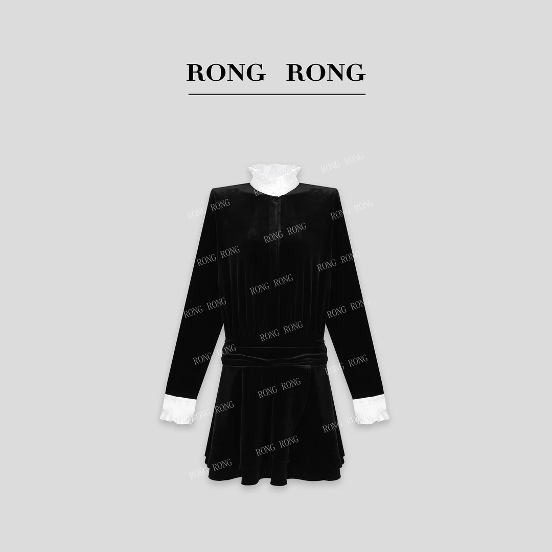 溶溶【星夜玫瑰】RONGRONG 法式木耳边拼接丝绒连衣裙ZFQ6L6588A