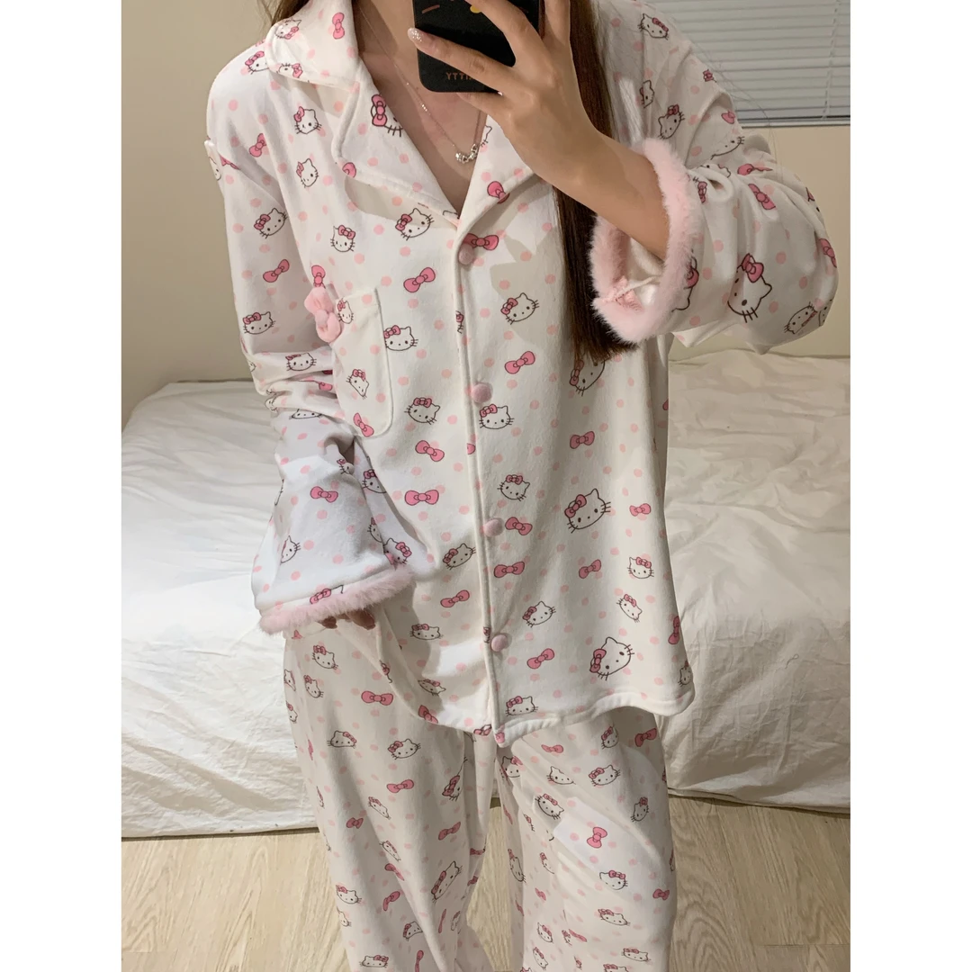【甜美Kitty】德绒睡衣女春秋季新款可外穿舒适家居服套装