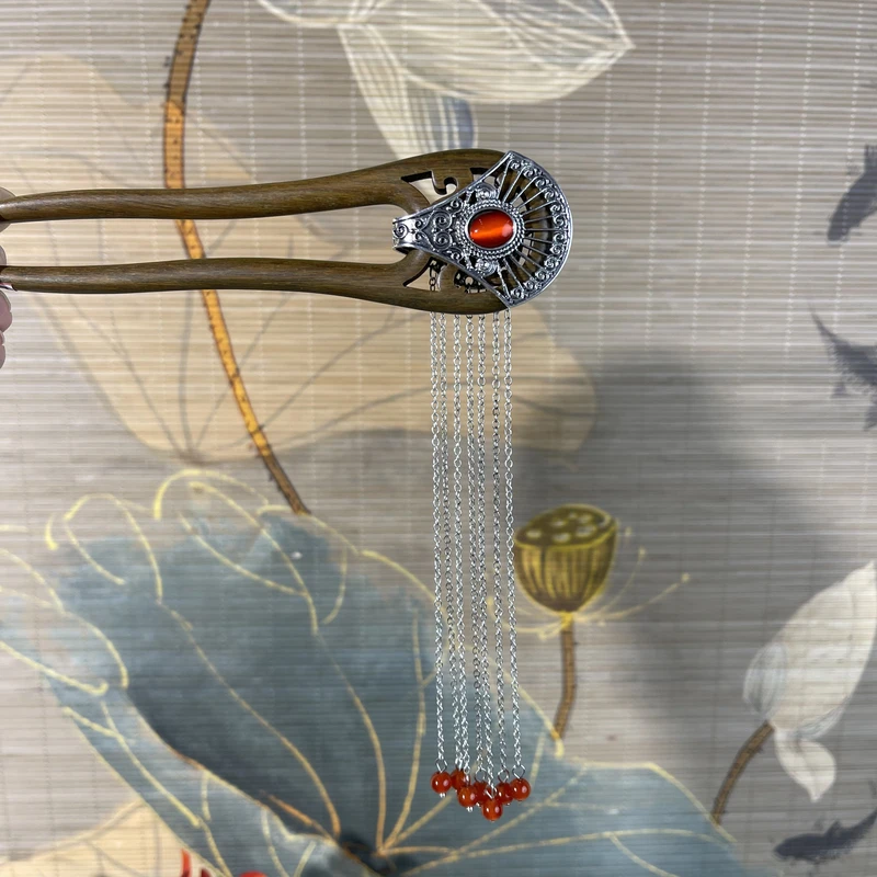 炑歌J317苗疆长流苏15公分双钗发簪气质手工国风百搭时尚木发簪