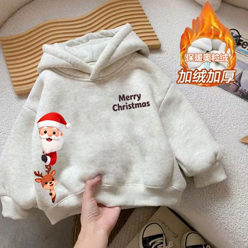 秋冬圣诞男童儿童2025加绒新款卫衣连帽洋气印花卡通洋气韩系加绒