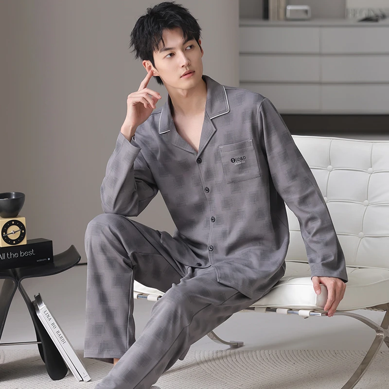春秋季新款纯棉睡衣男长袖长裤开衫翻领休闲可外穿男士家居服套装