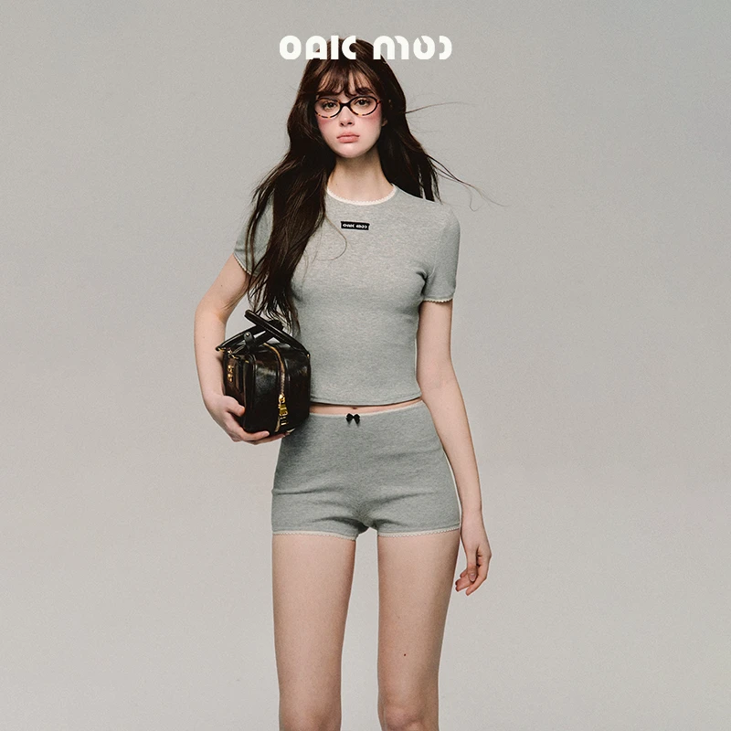 新OAKMOO "东方香根草"典雅黑粉质灰小圆领短袖t套装女短裤两件套