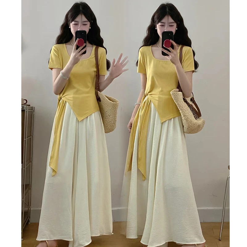 2025夏季大码女装新款时尚清冷不规则绑带上衣高腰垂感裙裤两件套