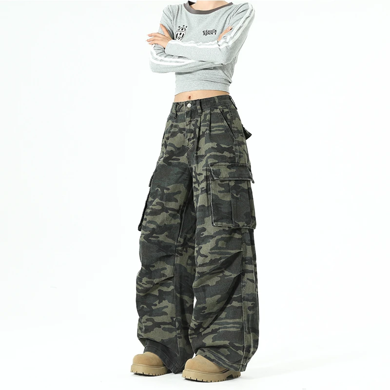 复古hiphop迷彩工装牛仔裤男女款宽松显瘦阔腿嘻哈休闲长裤多口袋