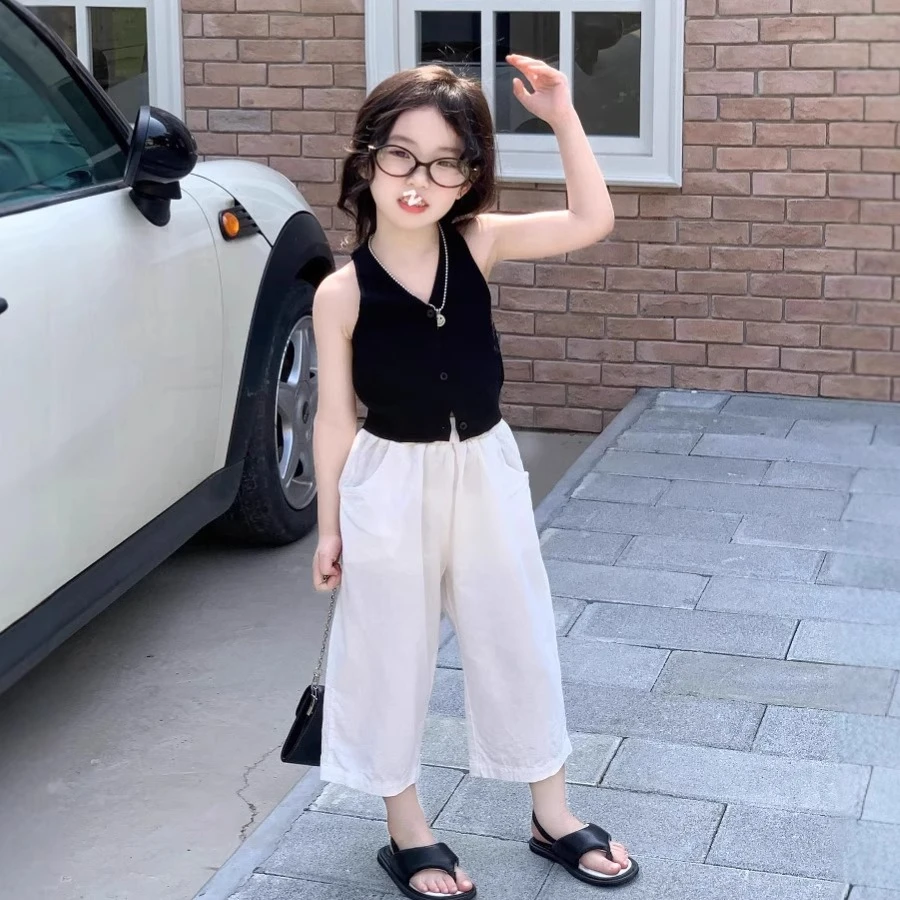 女童背心2025夏季新款韩系纯色冰丝背心上衣儿童设计感气质套装