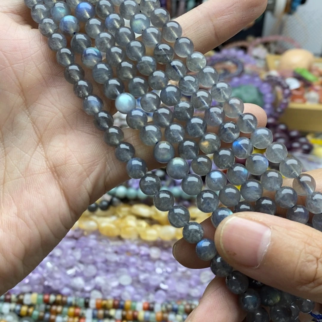 玛瑙/玉髓未镶嵌珠宝半成品一条天然6.8mm黑体灰月光A02