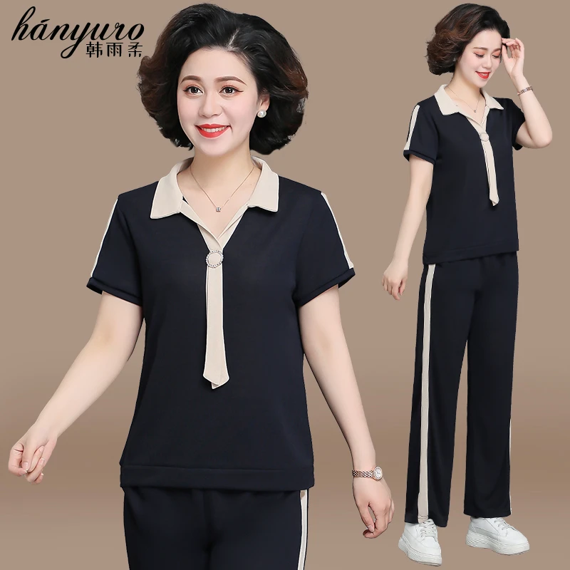 中年妈妈夏装运动服套装女2025新款中老年夏季洋气短袖t恤上衣服