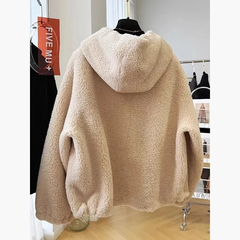 奥特莱斯~清仓外贸高级感时尚纯色连帽羊羔毛外套秋冬百搭卫衣女